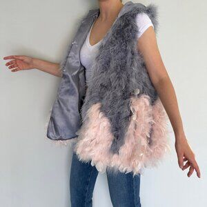 Real Feather Hooded Vest Grey Blush Ombré Statement Piece